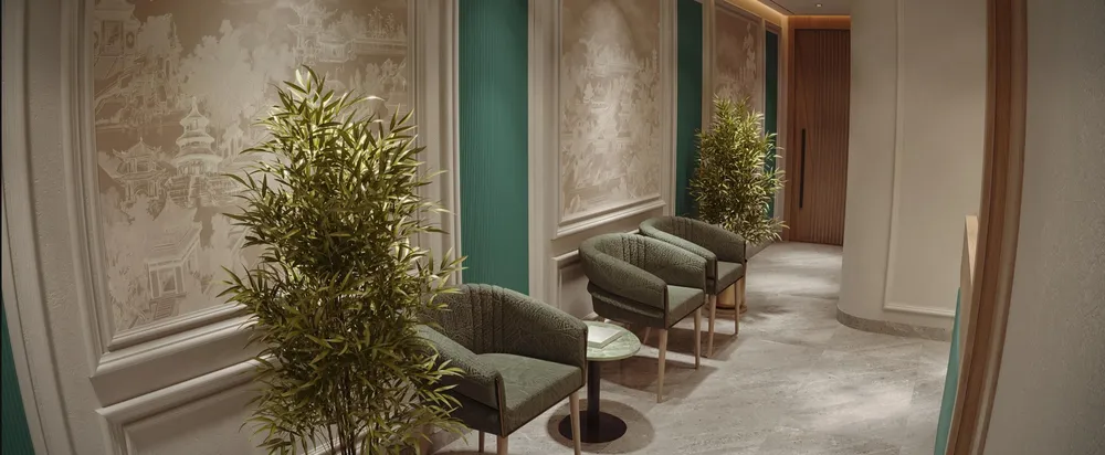 Salon d’attente avec fauteuils et plantes