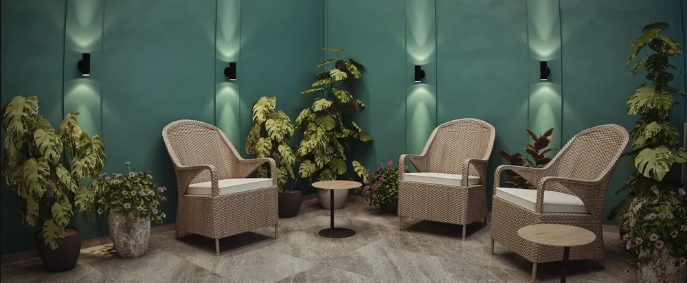 Coin de verdure avec fauteuils en rotin
